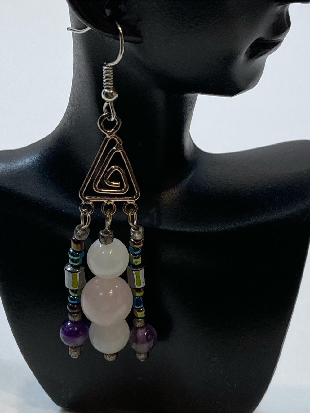 Handmade Bohemian rose quarts Amethyst hematite sea bead Drop Earrings